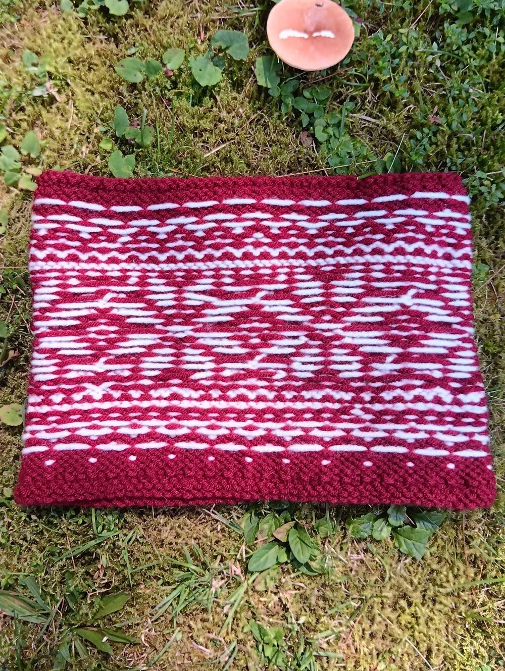Handmade Handknit Ruby Red & Ivory Scandinavian Motif Cowl Scarf Adult OSFM